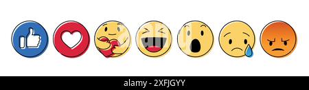 Ensemble d'émoticône jaune et de sourires Emoji, illustration vectorielle de conception d'art dessinée à la main Illustration de Vecteur