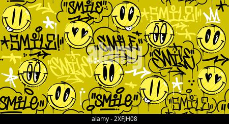Trendy Abstract Street Art Graffiti style Happy Smiling face Emoji Sticker fond sans couture Illustration de Vecteur