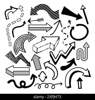 Ensemble de grandes icônes de flèche noire dans le style doodle, illustration vectorielle de conception plate Illustration de Vecteur