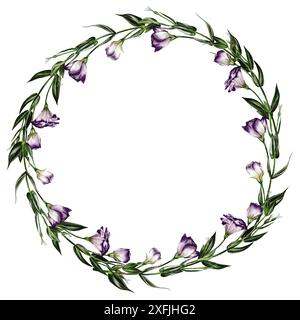 Couronne ronde de tiges, feuilles, bourgeons et fleurs de lisianthus, de chausson et d'eustoma. Les fleurs sont violettes. Les feuilles et les tiges sont vertes. Banque D'Images