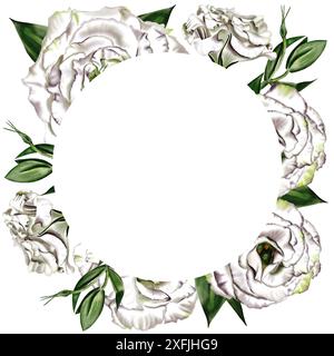 Grande couronne d'eustoma, lisianthus et bluebells. Blanc et couleur. Grandes fleurs et bourgeons avec des feuilles. Illustration aquarelle. Banque D'Images