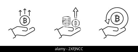 Pictogramme de bitcoin en main. Icône de croissance Bitcoin. Pièces dans la main. Icônes de croissance financière. Symboles main et profit. Affaires. Vecteur linéaire illus Illustration de Vecteur