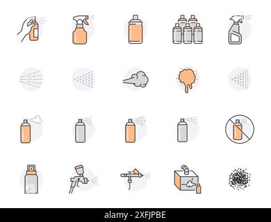 Icônes de ligne plate de bombe réglées. Main avec aérosol, aérographe, revêtement en poudre, art graffiti, illustrations vectorielles d'effet toux. Signes minces pour Illustration de Vecteur