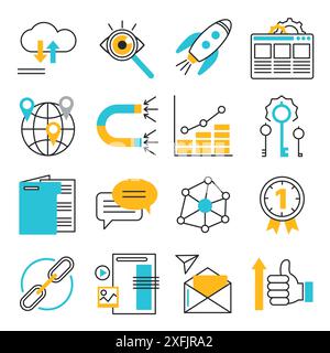 Jeu d'icônes d'optimisation de moteur de recherche, illustration vectorielle de conception de ligne mince plate moderne, pour la conception graphique et Web Illustration de Vecteur