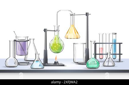 Équipement de laboratoire, verre, tubes à essai et autres, sur fond blanc, illustration vectorielle réaliste en gros plan Illustration de Vecteur