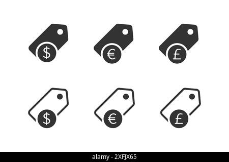 Jeu d'icônes de prix d'étiquette. Icônes de vente avec des symboles dollar, euro et livre. Illustration vectorielle plate. Illustration de Vecteur