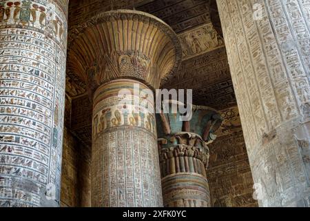 Chapiteaux de colonne récemment nettoyés dans le temple de Khnum à Esna, Egypte Banque D'Images