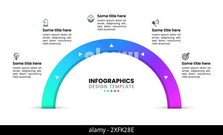 Modèle d'infographie avec icônes et 5 options ou étapes. Demi-cercle. Peut être utilisé pour la mise en page de flux de travail, le diagramme, la bannière, la conception Web. Illustration vectorielle Illustration de Vecteur