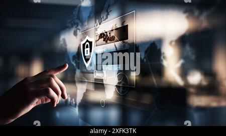 Fenêtre d'accès avec identifiant et mot de passe sur l'écran virtuel. Concept de cybersécurité et de protection des données personnelles. Banque D'Images