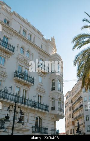 Élégant bâtiment historique avec des détails architecturaux ornés, des balcons et des palmiers bordant la rue. La structure reflète des éléments de design classiques, créant une scène urbaine pittoresque. Banque D'Images