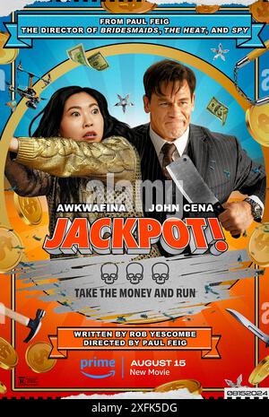 Jackpot ! (2024) réalisé par Paul Feig et mettant en vedette John Cena, Awkwafina et Simu Liu. Dans un avenir très proche, la Grande loterie a été établie dans la Californie économiquement difficile. La seule prise ? Tuez le gagnant avant le coucher du soleil et vous pouvez légalement réclamer son prix. Affiche US One Sheet ***USAGE ÉDITORIAL SEULEMENT***. Crédit : vidéo BFA / Amazon Prime Banque D'Images
