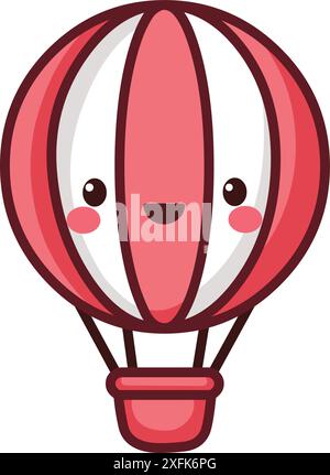 Joyeux ballon à air chaud rouge et blanc dans un style kawaii Illustration de Vecteur