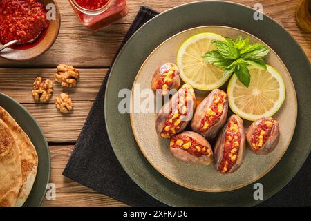 Cuisine arabe ; Makdous est une conserve libanaise traditionnelle à base de bébés aubergines farcies aux noix, aux poivrons rouges, au piment et à l'ail. Banque D'Images