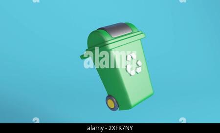 Illustration 3D d'un bac de recyclage vert avec un symbole de recyclage sur fond bleu clair, favorisant la durabilité environnementale Banque D'Images