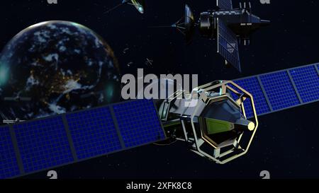 Modèle 3D d'un satellite bleu en orbite autour de la Terre. Le satellite dispose de panneaux solaires et d'une antenne. Banque D'Images