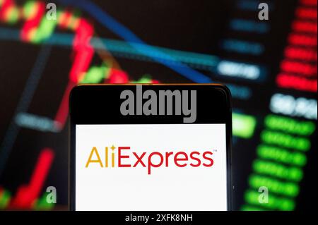 Chine. 21 juin 2024. Dans cette illustration photo, le service de vente au détail en ligne chinois appartenant au groupe Alibaba, AliExpress, logo vu affiché sur un smartphone avec un graphique de l'indice boursier économique en arrière-plan. Crédit : SOPA images Limited/Alamy Live News Banque D'Images