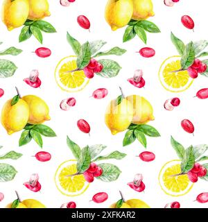 Un design avec des citrons, des feuilles et des baies de fruits miracles sur un fond blanc, formant un motif vivant Banque D'Images