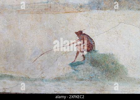 Fresque du Grand Columbarium de Villa Doria Pamphili. Détail avec pêcheur. Rome, Italie Banque D'Images