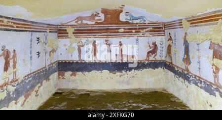 Peinture murale dans la tombe des jongleurs (tomba dei giocolieri) - nécropole étrusque de Monterozzi - Tarquinia, Italie Banque D'Images