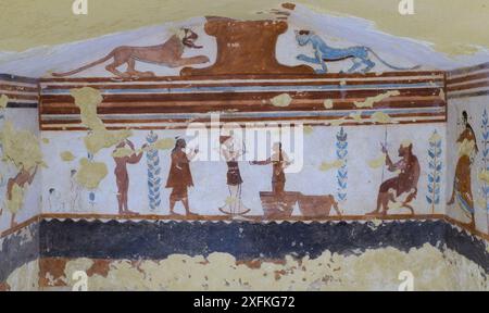 Peinture murale dans la tombe des jongleurs (tomba dei giocolieri) - nécropole étrusque de Monterozzi - Tarquinia, Italie Banque D'Images