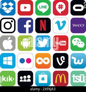 12 juillet 2017 : différents médias sociaux populaires et d'autres icônes : Facebook, Twitter, Instagram, WeChat, Line, YouTube et autres Illustration de Vecteur