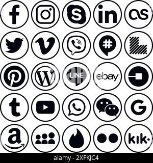 12 décembre 2018 : ensemble d'icônes populaires rondes noires de médias sociaux : Facebook, Twitter, Google plus, Instagram, Pinterest, LinkedIn, Tumblr et autres Illustration de Vecteur