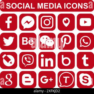 21 février 2020 : ensemble d'icônes rouges populaires de médias sociaux : Facebook, Twitter, Skype, Instagram, Pinterest, LinkedIn, Tumblr et autres Illustration de Vecteur