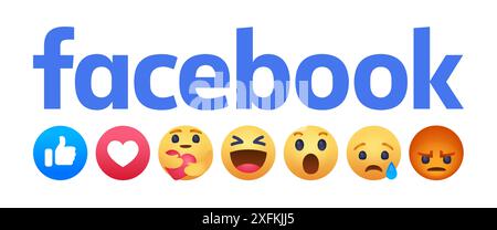 26 août 2020 : ensemble de réactions empathiques Emoji Facebook avec logo Facebook, illustration vectorielle Illustration de Vecteur