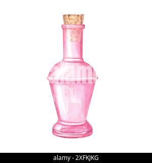 Bouteille en verre rose avec liège en bois. Verrerie vintage avec bouchon pour parfum, huile, liquide, aromathérapie ou boissons. Illustration aquarelle. Banque D'Images