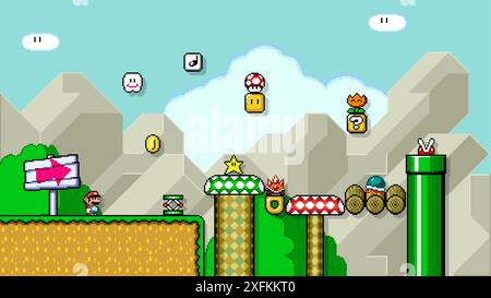 01 février 2020 : Art of Super Mario World jeu vidéo classique, illustration vectorielle de conception de pixels. Super Mario World est un jeu vidéo de plate-forme développé Illustration de Vecteur