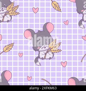 Modèle sans couture avec chinchilla avec épillets sur fond à carreaux violet. Personnage de rongeur animal kawaii de dessin animé drôle. Illustration vectorielle Illustration de Vecteur