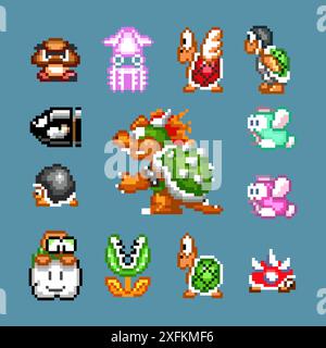 Kiev, Ukraine - septembre 09, 2021 : ensemble de personnages ennemis du jeu vidéo classique Super Mario Bros 16 bits, illustration vectorielle de conception de pixels. Super Illustration de Vecteur