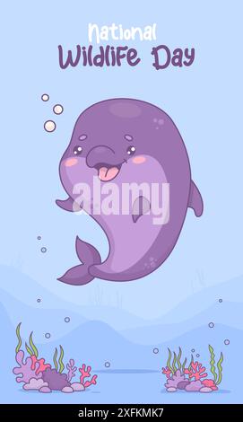 Mignon dauphin. Affiche des fêtes Journée nationale de la faune. Bannière verticale festive avec animal de personnage kawaii de dessin animé sous-marin. Illustration vectorielle Illustration de Vecteur