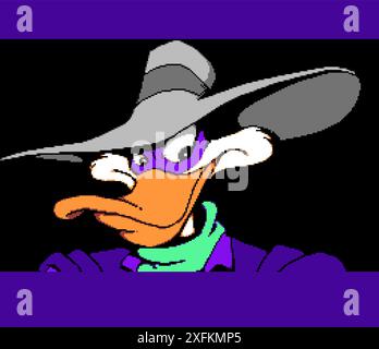 Kiev, Ukraine - décembre 06, 2021 : Art de l'écran de démarrage du jeu vidéo classique Darkwing Duck, illustration vectorielle de conception de pixels. Darkwing Duck est platf Illustration de Vecteur