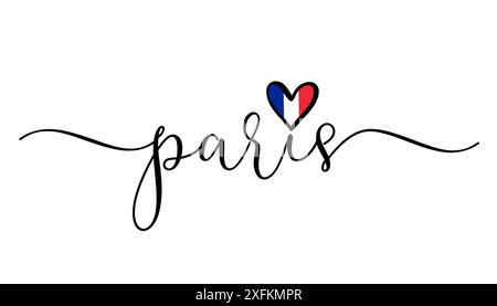 Paris, élégante calligraphie et symbole d'amour avec drapeau national. Vecteur de typographie française pour le concept de vacances ou de voyage et la conception de souvenirs Illustration de Vecteur