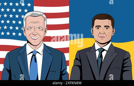 Kiyv, Ukraine - 30 mars 2022 : illustration conceptuelle de l'amitié ukrainienne et américaine, avec les présidents de ces pays : Joe Biden et Volodymyr Zelen Illustration de Vecteur