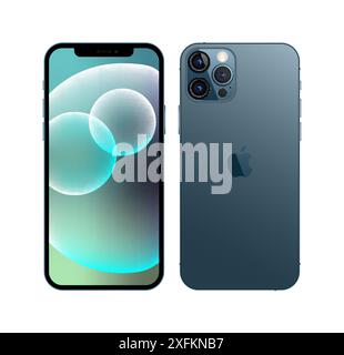 Kiev, Ukraine - 28 septembre 2022 : Smart Phone Apple iPhone 12 en couleur bleue. L'iPhone est une ligne de smartphones conçus et commercialisés par Apple Inc Illustration de Vecteur