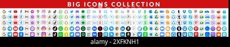 Grand ensemble de médias sociaux populaires et d'autres icônes d'applications sous différentes formes, telles que : Google, Telegram, Youtube, Facebook et autres, illustration vectorielle Illustration de Vecteur