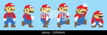 Kiev, Ukraine - 12 avril 2023 : ensemble de Mario Moves du jeu vidéo Super Mario Odyssey. Art de caractère pixel dans le costume classique du jeu Super Mario. Su Illustration de Vecteur