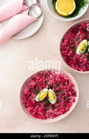 Soupe de betterave froide d'été à base de betteraves, radis, concombres, pommes de terre et herbes, garnie d'oeufs, un déjeuner d'été rafraîchissant Banque D'Images