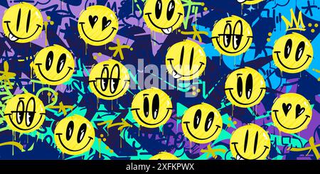 Cool Trendy Abstract Street Art Graffiti style Happy Smiling face Emoji illustration de fond Illustration de Vecteur