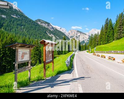 Une route sinueuse à travers les Dolomites italiennes, avec une vue imprenable sur la montagne et des arbres verdoyants. Deux panneaux en bois avec support d'information sur le bord de la route. Banque D'Images