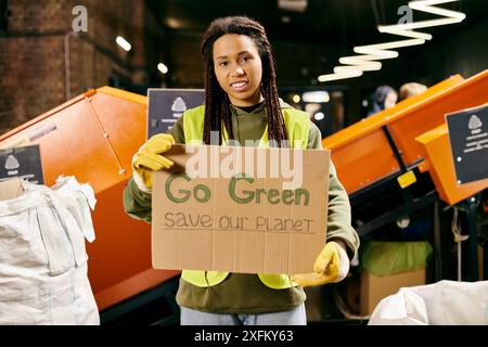 Une jeune femme en gants et gilet de sécurité tient une pancarte disant aller vert sauver notre planète dans un plaidoyer passionné pour la conservation de l'environnement. Banque D'Images