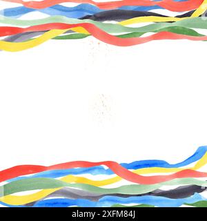 Lignes colorées fluides courbes. Rayures dans des couleurs vives jaune, rouge, bleu, vert, noir. Cadre horizontal avec espace de copie pour le texte. Banque D'Images