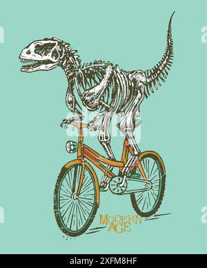 Illustration dessinée à la main d'un squelette de dinosaure à vélo. Utilisé pour la décoration, impressions sur t-shirts, etc Illustration de Vecteur