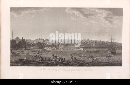 L'histoire de l'Empire ottoman. Vue sur la place et la caserne de Tophane (Top-Hane) à l'entrée du port de Constantinople. Gravure française du XIXe siècle. Tophane (lit. « Manège militaire ») est un quartier du district de Beyoğlu à Istanbul, en Turquie, descendant de Galata jusqu'à la rive du Bosphore où il rejoint Karaköy au sud-ouest et Fındıklı au nord-est. À l'époque ottomane, c'était la première zone industrielle de la ville. Banque D'Images