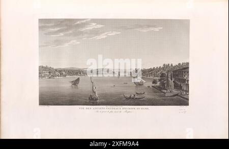 L'histoire de l'Empire ottoman. Vue sur les anciens châteaux d'Europe et d'Asie (Rumelihisarı). Sur le point le plus étroit du Bosphore. Gravure française du XIXe siècle. Rumelihisarı (également connue sous le nom de forteresse roumaine et forteresse Roumeli Hissar) ou forteresse Boğazkesen (littéralement « forteresse de coupe de détroit ») est une forteresse ottomane médiévale située à Istanbul, en Turquie, sur une série de collines sur les rives européennes du Bosphore. La forteresse donne également son nom au quartier immédiat qui l'entoure dans le quartier de Sarıyer. Banque D'Images