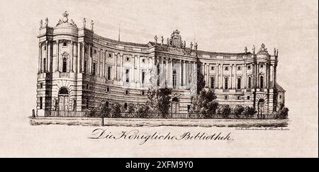 Gravure de l'ancienne bibliothèque royale sur Bebelplatz, construite entre 1775 et 1785. 1800 Alte Bibliothek ou l'ancienne bibliothèque peut être vu d'un côté à Bebelplatz. Ce bâtiment a été conçu à l'origine comme la Bibliothèque royale prussienne. Banque D'Images