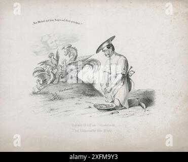 Caricature politique de Bismarck. Et parce qu'il ne кeep pas ses lèvres scellées (littéralement, ne tient pas le bec), Maître Chef fait son devoir , 1866 Banque D'Images