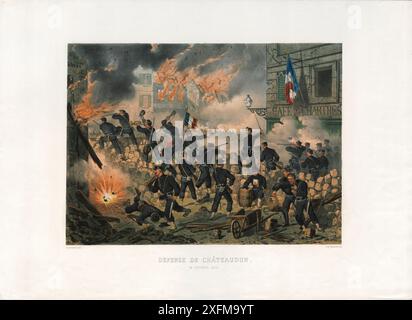 Défense de Châteaudun : 18 octobre 1870, 1875 la bataille de Châteaudun a eu lieu dans le nord-ouest de la France pendant la guerre franco-prussienne, qui a eu lieu le 18 octobre 1870. Dans cette bataille, l'armée impériale allemande dirigée par le général Friedrich Wilhelm Ludwig von Wittich attaque la ville de Châteaudun et la capture. Au cours de la bataille de neuf heures, les attaquants ont vaincu les forces qui comprenaient des Francs-tireurs menés par Ernest de Lipowski, d'origine polonaise. Bien qu'elle se termine par une défaite, la résistance de l'armée française à Châteaudun est enregistrée par un document comme légendaire. Banque D'Images